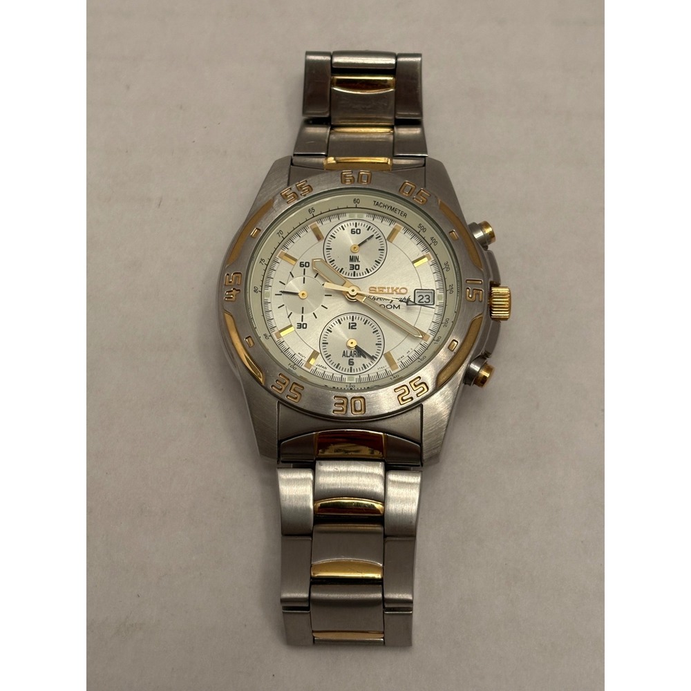 Seiko Chronograph 100M Two Tone Alarm Watch 7T62-0CD0 Silver Gold Steel